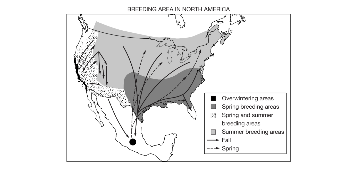 <p>Which of the following explanations is best supported by the data shown in the map above?</p><p><strong>A) </strong>Earth’s climate has changed over geological time, and plates on Earth’s crust have shifted.</p><p><strong>B) </strong>Sea level rise has led to an increased concentration of wildlife inland as the coastal areas flood.</p><p><strong>C) </strong>Organisms adapt to human population growth by changing at the genetic level.</p><p><strong>D) </strong>Animals migrate seasonally to mate and to find food in different habitats.</p>