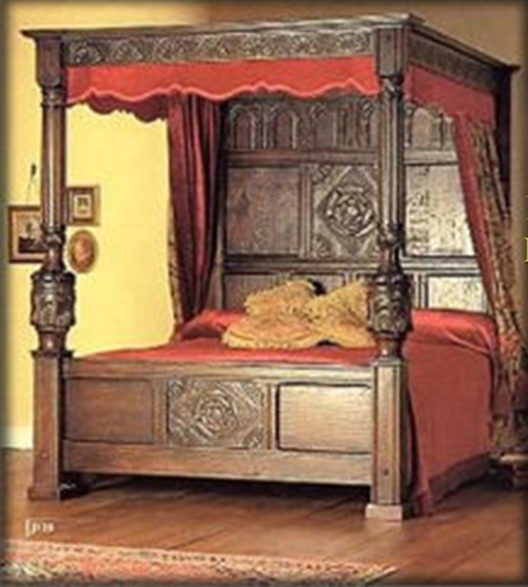 <p>bulbous supports</p><p>volutes</p><p>tester</p><p>elaborate patterns in textiles</p><p>dwarf arches</p><p>wood planking</p>