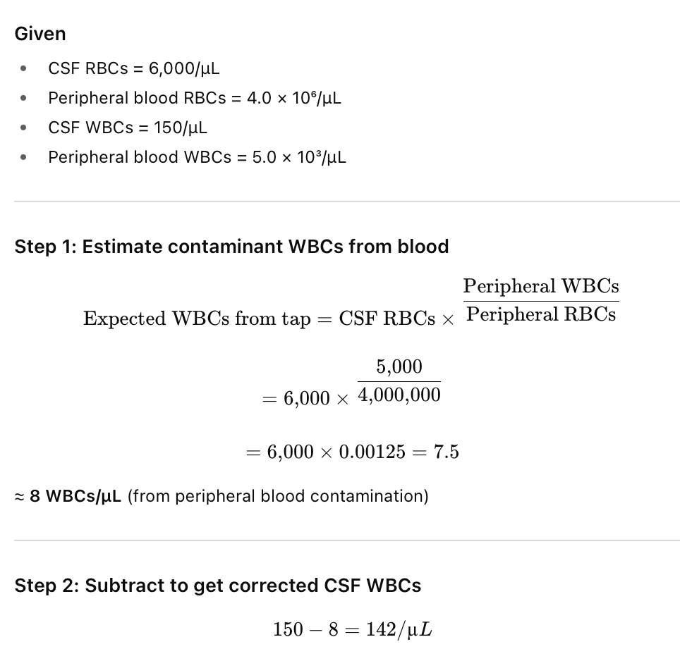 <p>B. 142/uL</p><p>Corrected WBC count = WBCs in CSF - [(Blood WBCs x CSF RBCs) / Blood RBCs]</p><img src="https://knowt-user-attachments.s3.amazonaws.com/76c41ec5-8047-4bac-9a1a-56b77b97c245.png" data-width="100%" data-align="center"><p></p><p></p>
