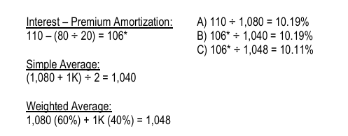 <p>A) 110 ÷ 1,080 = 10.19% </p><p>B) 106* ÷ 1,040 = 10.19% </p><p>C) 106* ÷ 1,048 = 10.11%</p>