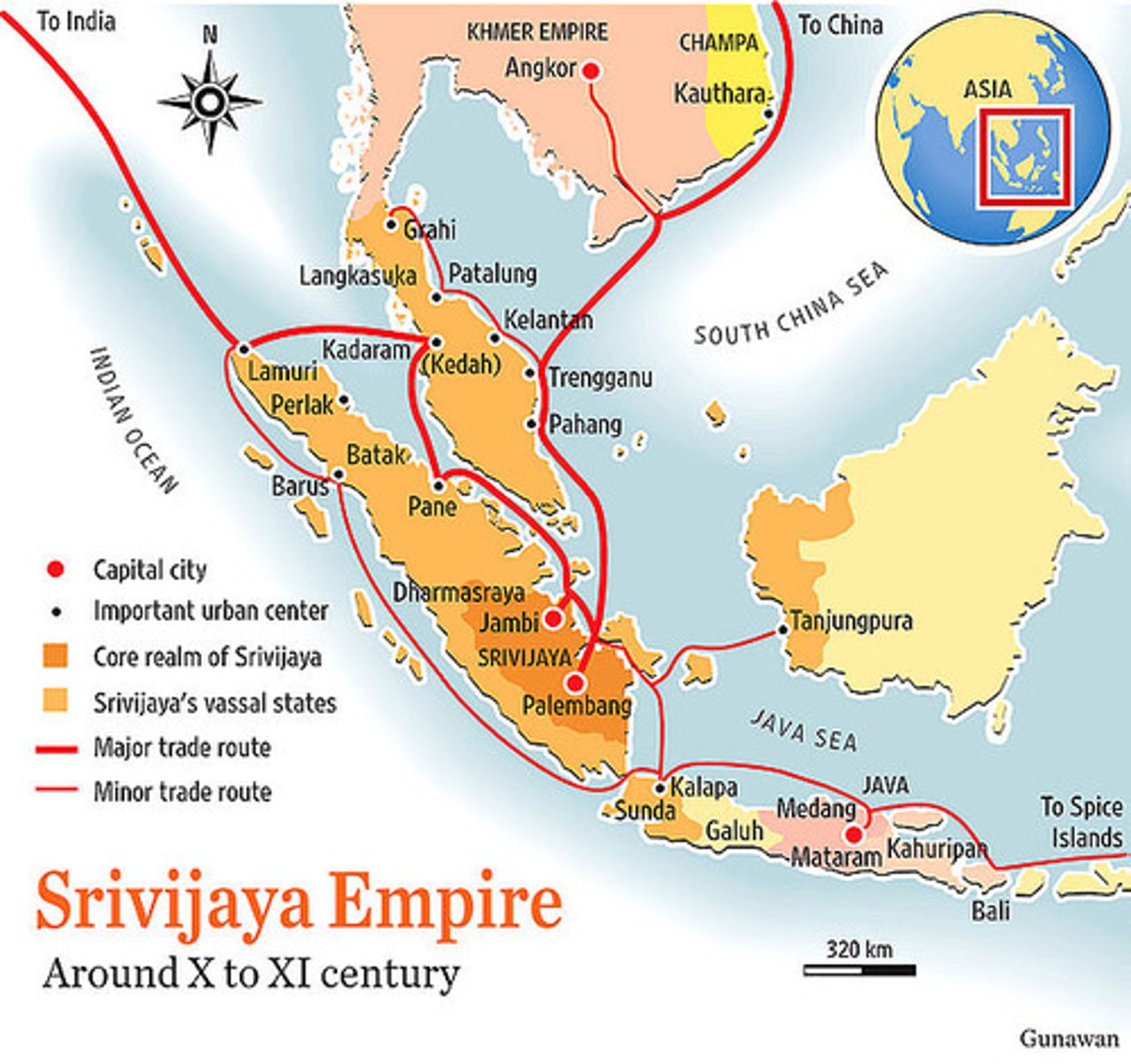<p>SE Asia (Network of Islands and peninsulas, extends from mainland and is covered by a lot of water):</p><p>-Southeast Asia is in the middle of major trade routes which made them strategically important which created the necessary conditions for the rise of the</p><p>-Srivijaya Kingdom which dominated trade from 670 - 1025</p><p>-Malay sailors had long navigated the waters around Southeast Asia but when they opened a passage through the straits of Malacca, many surrounding sea ports in the Malay peninsula began competing for their attention traders and travelers</p><p>-Out of this competition rose the Kingdom of Srivijaya</p>