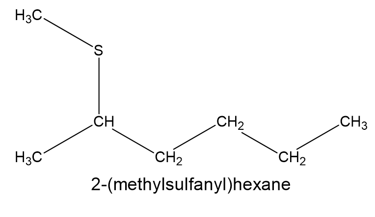 <p>Sulfid<br>Suffix: sulfid<br>Prefix: alkylsulfanyl (f.eks. 2-methylsulfanyl hexan på billedet)</p>