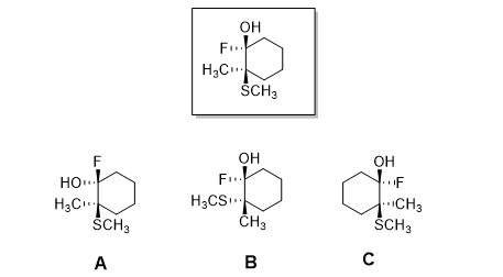<p>Which choice below (A-C) is the enantiomer of the compound shown in the box?</p><p>A) A</p><p>B) B</p><p>C) C</p>