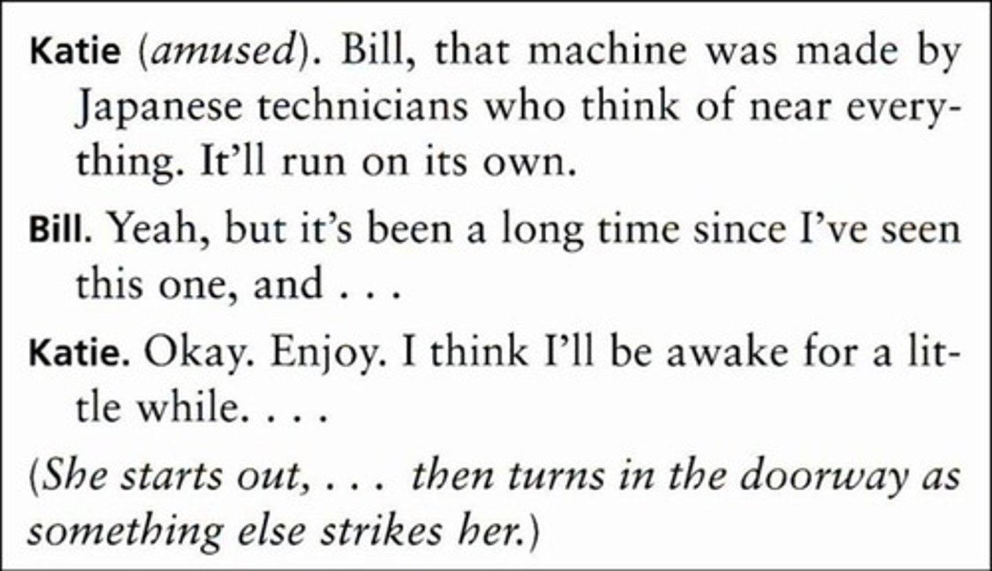 <p>A playwright's descriptive or interpretive comments that provide readers (and actors) with information about the dialogue, setting, and action of a play.</p>