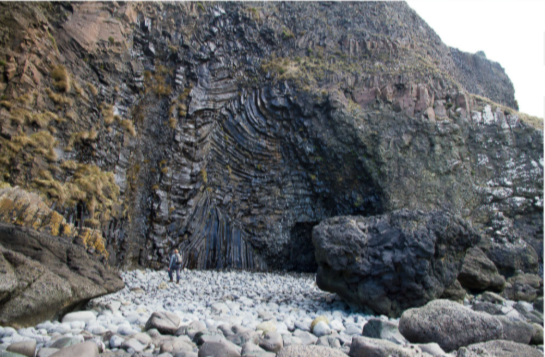 <ul><li><p>Raised beaches— they <span>have emerged due to fall in sea level or rise of land. E.g. Fife, Scotlant</span></p></li><li><p><span>Fossil cliffs— </span>a steep slope found at the back of a raised beach exhibiting evidence of formation through marine erosion but now above high tide level.&nbsp;E.g. Ayrshire, Scotland (see image)</p></li></ul><p></p>
