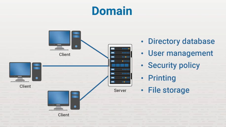 <p>A collection of network resources that share a common directory database and security policy. A domain uses the client-server model, where each host has a specific role. Clients request and consume information from servers. Servers provide user management, security, printing, and storage in the form of file servers or mapped drives.</p>