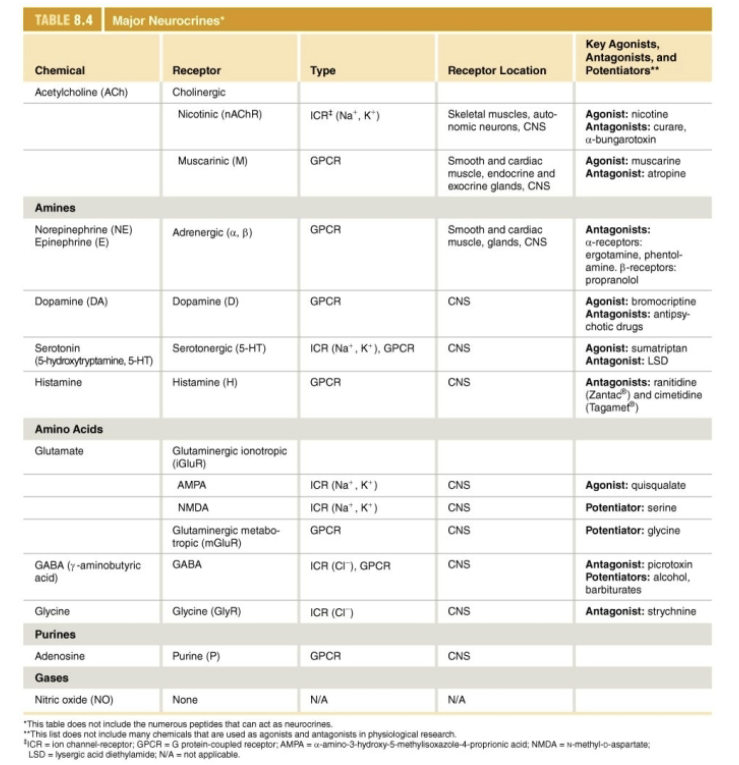 <p>Acetylcholine, amines, amino acids, peptides, purines, gases, lipids </p>