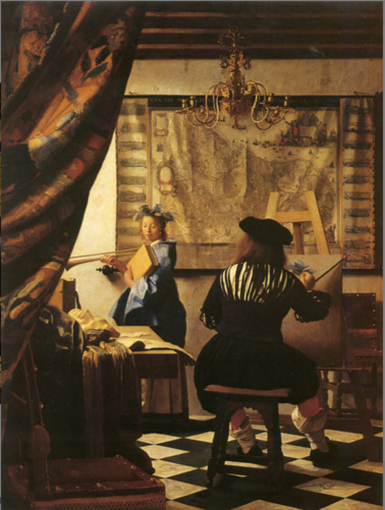* Compare to Las Meninas with how the artist is being rendered
  * Trying less to show the important place of the artist, maybe just being an artist for the sake of being an artist
* Able to know the artist supports the new Dutch Republic because of the map in the background
* Argued that some type of camera was used to make the piece?