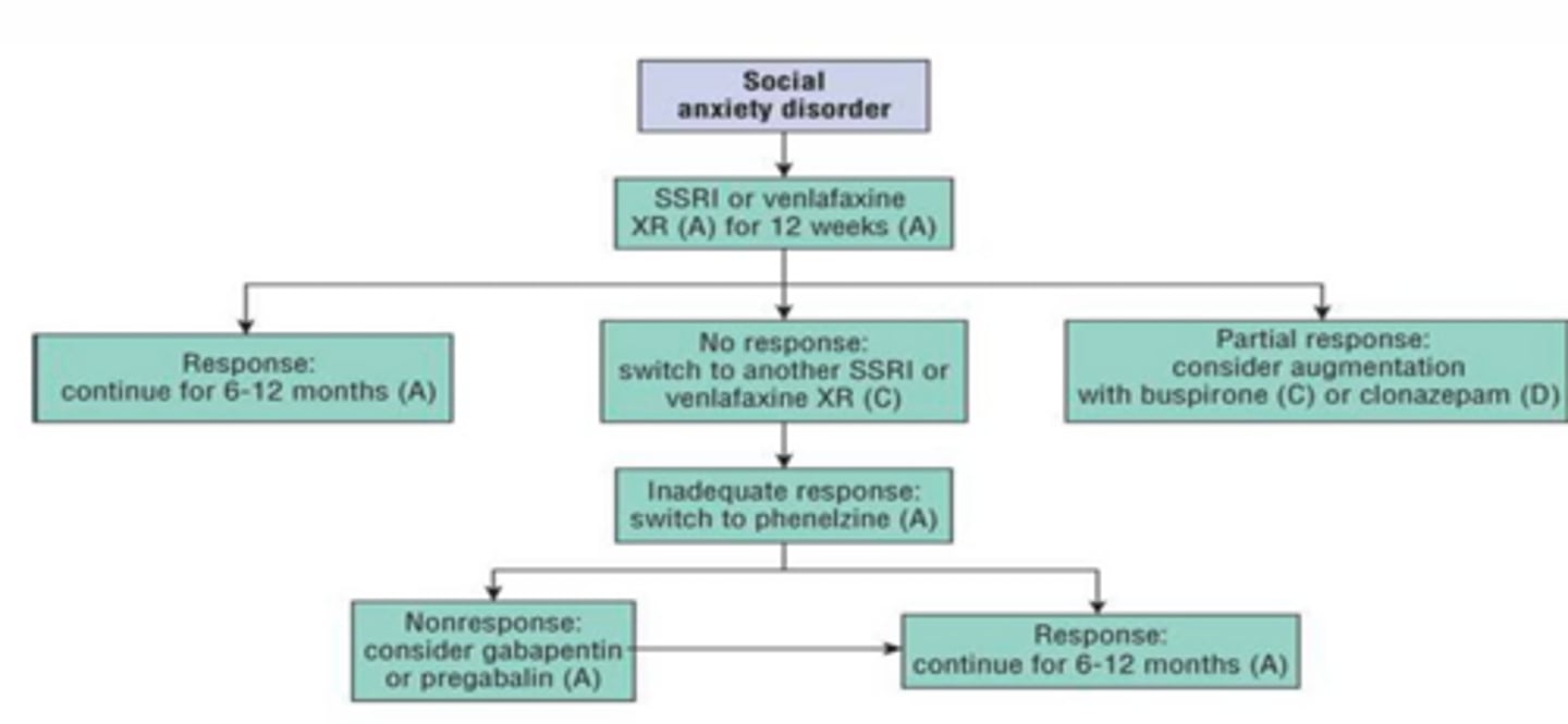 <p>- SAD --> SSRI or venlafaxine XR for 12 wks</p><p>- response = continue for 6-12 mo</p><p>- no response = switch to diff SSRI or venlafaxine XR</p><p>- partial response: consider augmentation w/ buspirone or clonazepam</p>