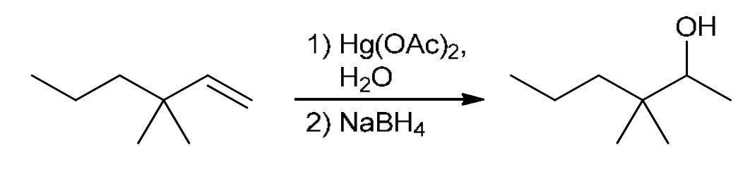 <p>Mark addition: Hg(OAc)2 and H2O adds Hg-OAc connected as a triangle with both sides of the alkene bond (double bond broken), then H2O attacks the more sub C to get OH, then NaBH4 replaces Hg-OAc with H on the less sub C.<br>Avoids rearrangement!!</p>