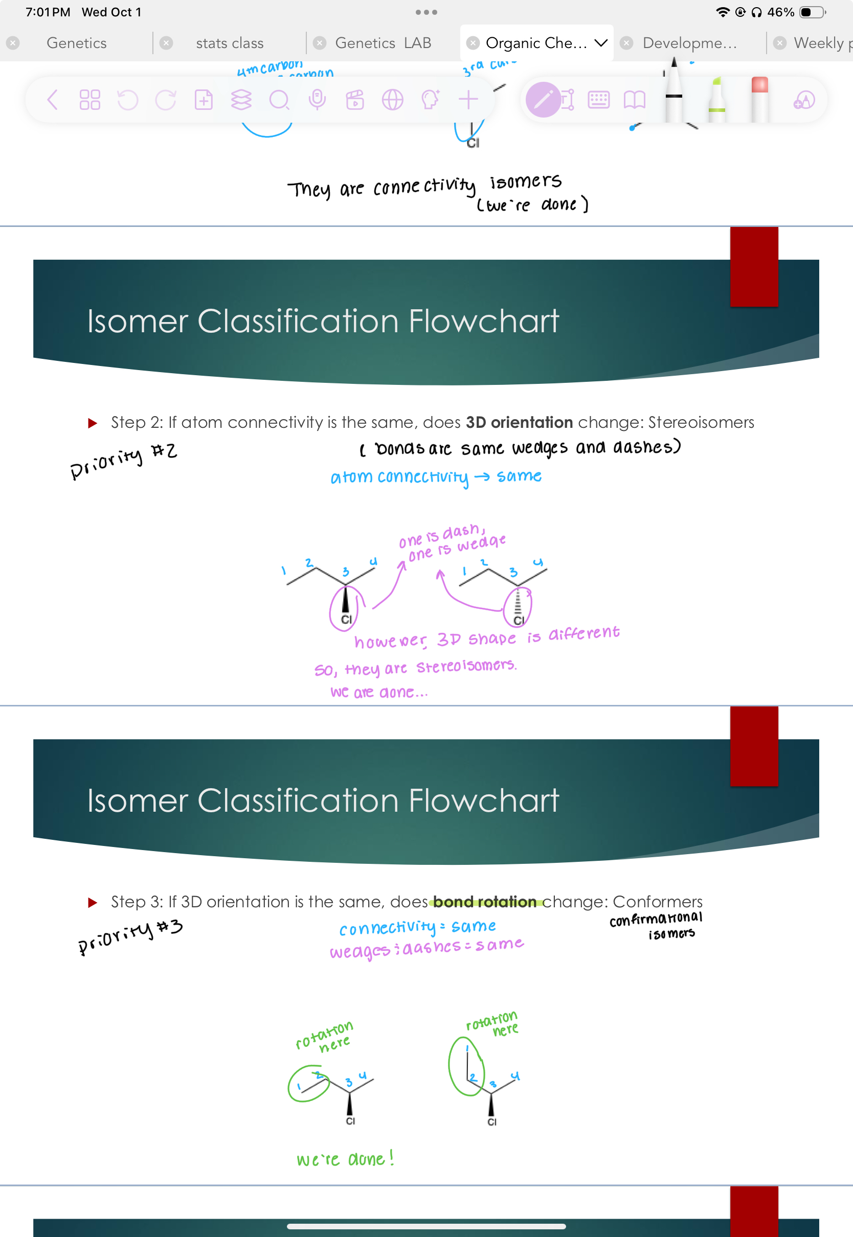 <p>Step 2: If atom connectivity is the same, does 3D orientation change: (bonds are same wedges and dashes)&nbsp;<strong>priority #2</strong></p>