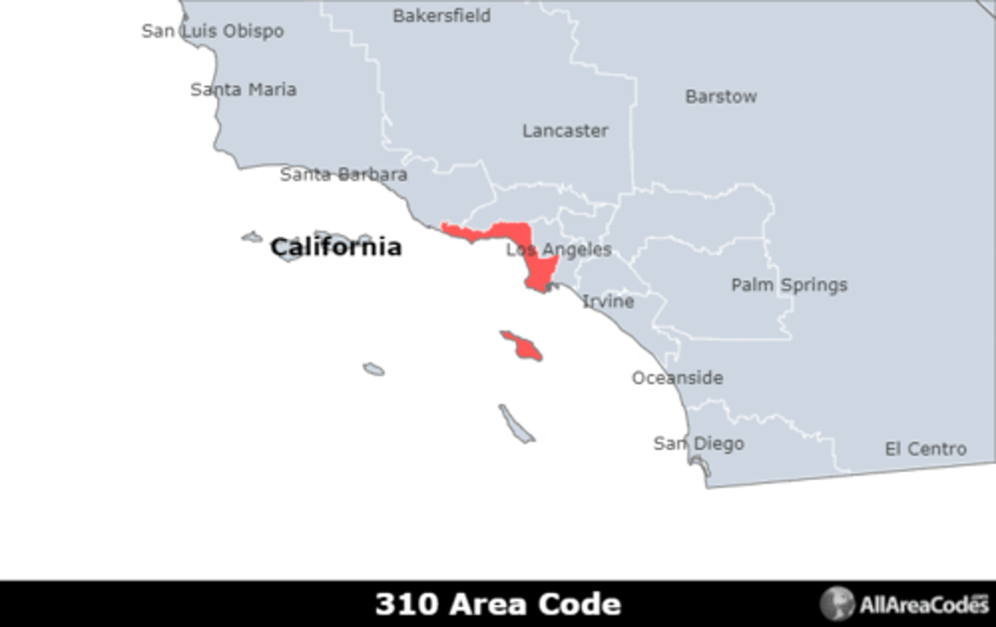 <p>Area code 310 serves part of Los Angeles, CA and the surrounding areas. It has a single overlay (424) that serves the same area.</p>