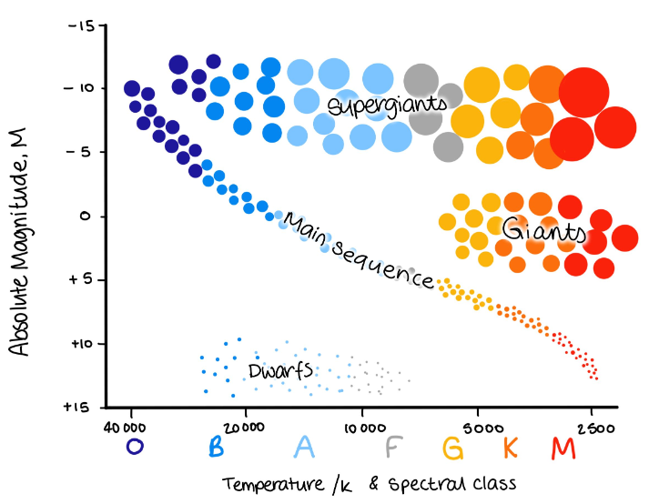 <p>graph showing relationship between luminosity of stars (y axis) in our galaxy and their average surface temperature (temp increasing right to left)</p>