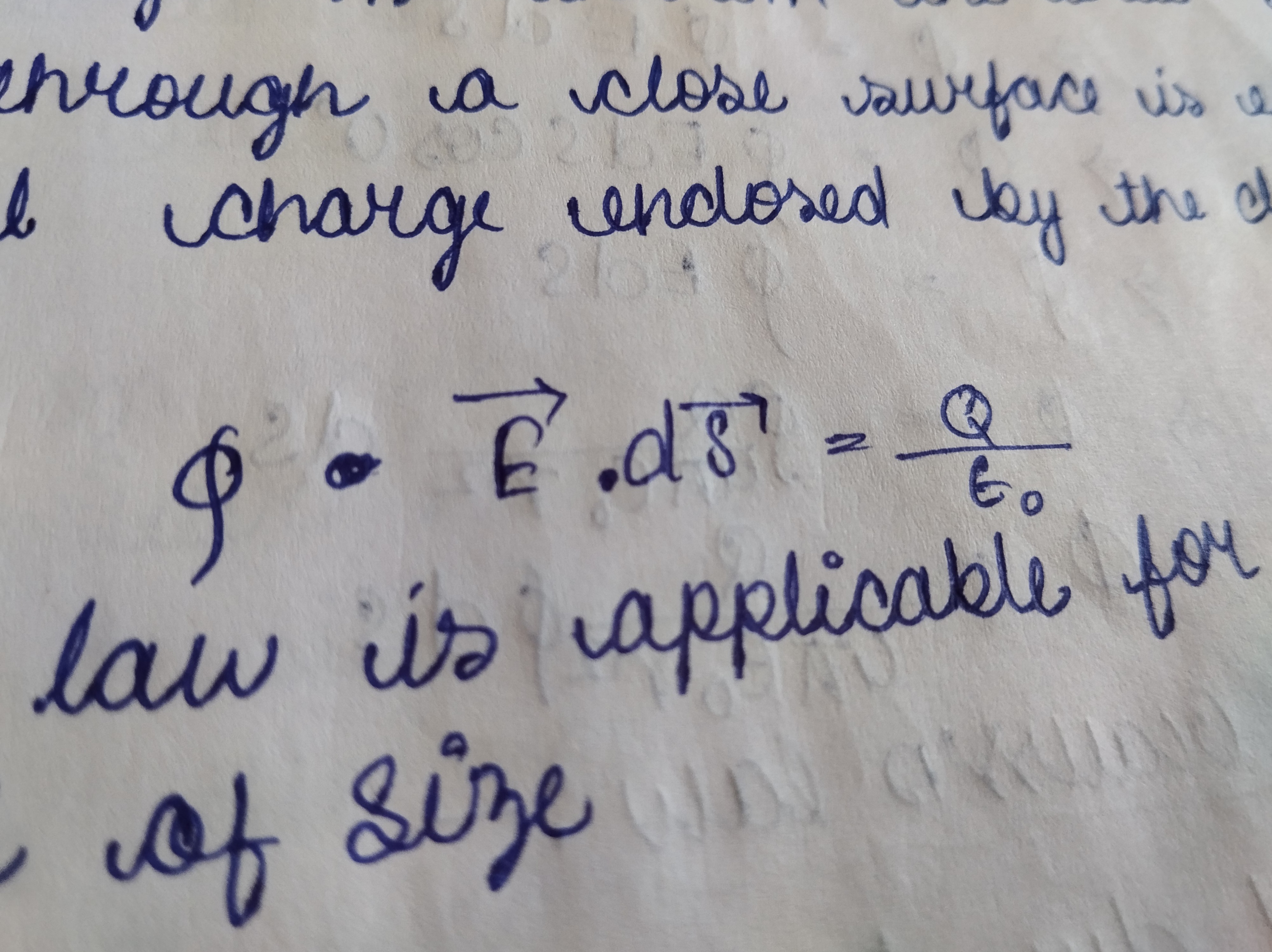 <p>According to Gauss's theorem the total electric flux passing through a close surface is equal to 1/Eo</p><p>Mathematical, </p><p>                ∮ E ⋅ dA = Q / ε₀ </p><p>                Φ = Q / ε₀ </p><p></p>