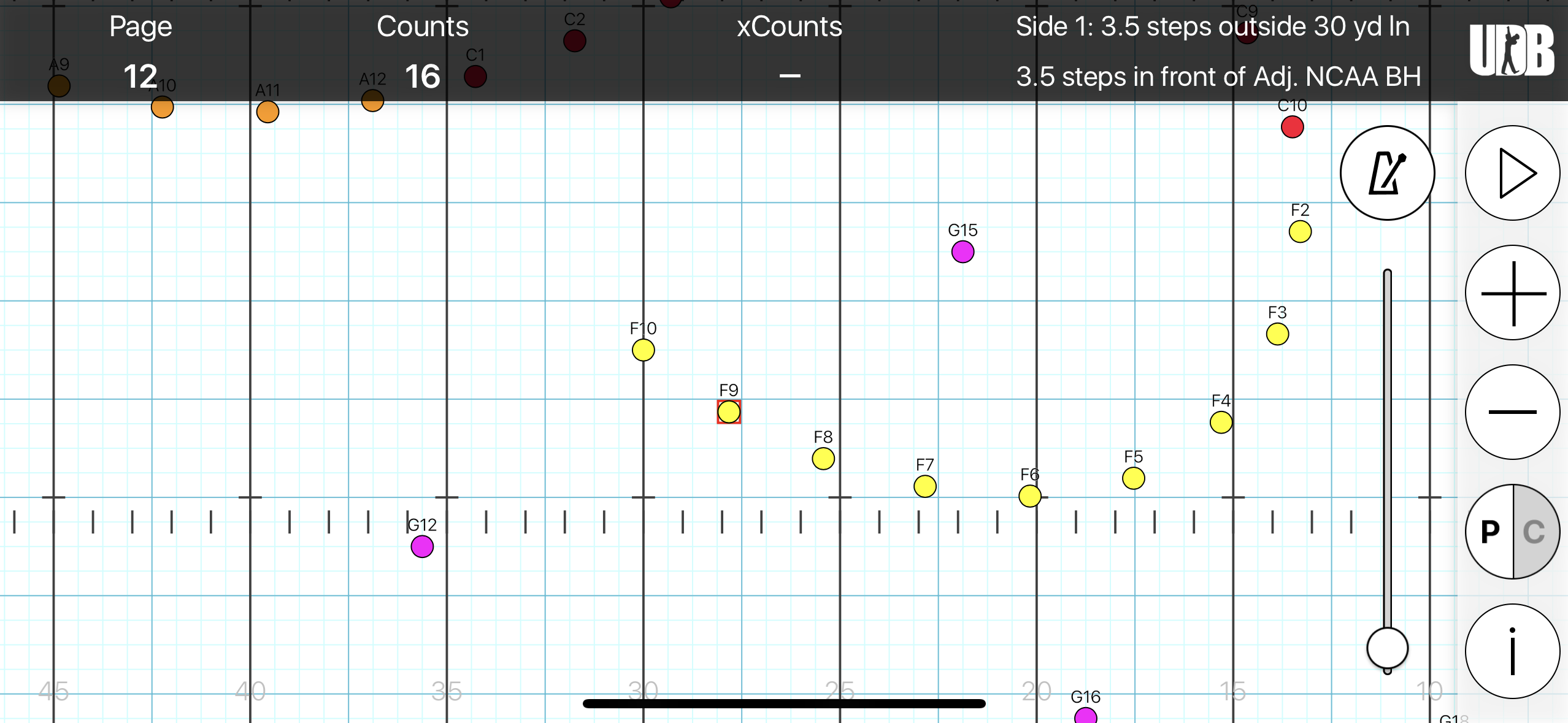 <p>STS: Side 1, 3.5 steps outside 30 yd ln</p><p>FTB: 3.5 steps in front of BH</p><p>SS: Hold for 16 counts</p><p>XC: 6</p>