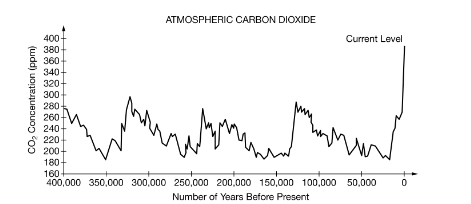 <p>The graph above shows <span>𝐶𝑂2</span> measurements taken from Mauna Loa, Hawaii, and the Vostok ice core, which was drilled from ice sheets in Antarctica.</p><p>Based on the data shown in the graph, which of the following is the most plausible hypothesis about the number of glacial periods that occurred in the past 400,000 years?</p><p><strong>A </strong>One glacial period occurred in the past 400,000 years.</p><p><strong>B </strong>Two glacial periods occurred in the past 400,000 years.</p><p><strong>C </strong>Three glacial periods occurred in the past 400,000 years.</p><p><strong>D </strong>Four glacial periods occurred in the past 400,000 years.</p>