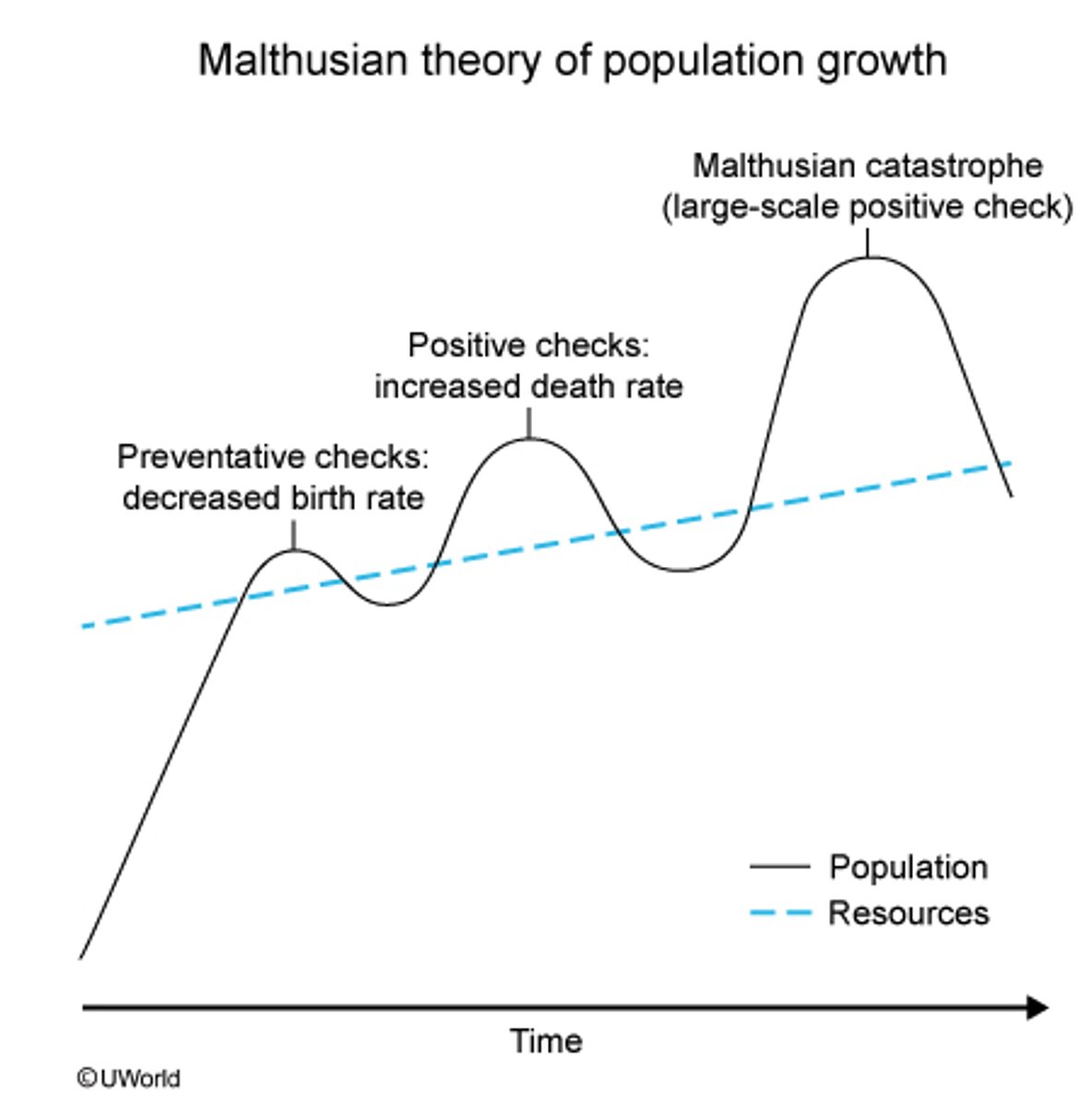 <p>A. positive check <br>-increases the death rate<br><br>preventative checks: decrease birth rate (voluntary decisions like having fewer children)<br><br>negative check: DOES NOT EXIST</p>