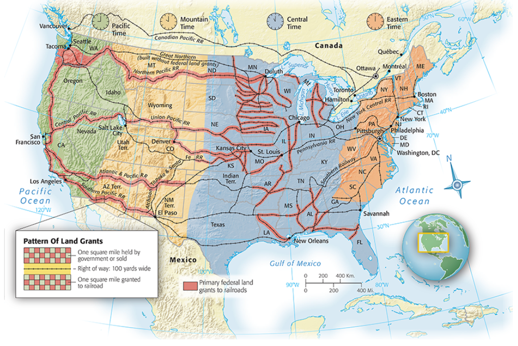 <p>when lincoln was shot in 1865, only 35k miles of steam railways were across the us, mostly east of the mississippi.</p><p>by 1900, it was 192,556 miles, or more than europe combined. much of the new track ran west of the mississippi</p><p></p><p>construction of railway systems promised</p><ol><li><p>greater national unity</p></li><li><p>economic growth</p></li></ol><p></p><p>in 1862, congress gave 2 liberal loans to 2 favored cross-continent companies, and then donated the acreage paralleling the tracks</p><p></p><p>washington rewarded the railroads with 155 million acres and the west states contributed 49 million more: total area larger than texas</p><ul><li><p>sparked criticism at giving away to greedy corporations; overlooked fact that land has very little value until railroads made it accessible for settlers and merchants. communities offered monetary value/other to bring rail lines to their town</p></li><li><p>gov did get benefits: preferential rates for postal service and military traffic</p></li></ul><p></p><p>there was a deadlock in the 1850s over the proposed location, but the south seceded, leaving the field to the north</p><p></p><p>in 1862, congress authorized the rail line</p><ul><li><p>made urgent by the disrupted Union, by binding the pacific coast to the rest of the republic</p></li></ul><p></p><p><strong>union pacific</strong> was commissioned by congress to run <strong>westward from omaha, nebraska</strong></p><ul><li><p><u>laying of the rails began in 1865</u> just after the civil war ended</p></li><li><p>funded by loans and land grants. insiders of the credit mobilier construction company reaped $73 million for $50 million worth of construction, spent a little of that to bribe congressmen to look the other way</p></li><li><p>construction gangs which included the irish worked at a frantic pace. one day 5 thousand men laid 10 miles of track, breaking the record.</p></li></ul><p></p><p>central pacific went eastward from sacramento</p><ul><li><p>given same subsides as union pacific</p></li><li><p>chief financial backers were called big 4, included former governor of california leland stanford (he had useful political connections), and collis huntington, a lobbyist</p></li><li><p>employed some 10 thousand chinese workers worked from dawn to dusk were viewed as cheap and efficient builders</p></li><li><p>100s lost their lives in premature explosions and other mishaps</p></li><li><p>sierra nevada was a barrier which made the big four nervous since the workers were slowly progressing compared to the union pacific going across the plains</p></li></ul><p></p><p>wedding of the rails</p><ul><li><p>union and central pacific joined at utah on may 10, 1869</p></li><li><p>line divided bison herds of the great plains, reducing essential food supply of the native americans</p></li><li><p>settlers following the rail lines further threatened the indigenous people’s livelihood</p></li></ul><p></p><p>4 other transcontinental lines were completed before the century’s end; none received secured loans from the federal gov. all except great northern received generous grants of land</p><p></p><p>northern stretched from lake superior to puget sound, ended in 1883</p><p>southern linked new orleans to san francisco</p><p>atchison, topeka, and santa fe stretched through southwestern deserts to california, was completed in 1884</p><p>great northern, created by james hill, a canadian american, ran north of northern pacific from duluth to seattle. organized soundly that it ran through financial storms with flying colors</p><p></p><p>pioneer builders often laid rails that went from nowhere to nothing to get federal land bounties. companies often declared bankruptcy and brought down investor savings</p><p></p>