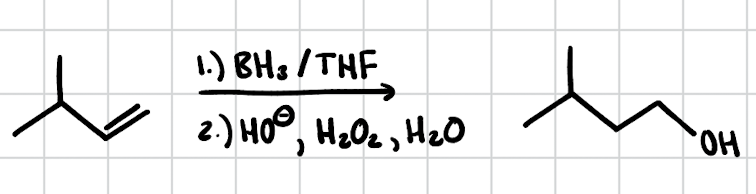 <ol><li><p>BH<sub>3</sub> / THF</p></li><li><p>HO<sup>-</sup>, H<sub>2</sub>O<sub>2</sub>, H<sub>2</sub>O</p></li></ol><p></p>