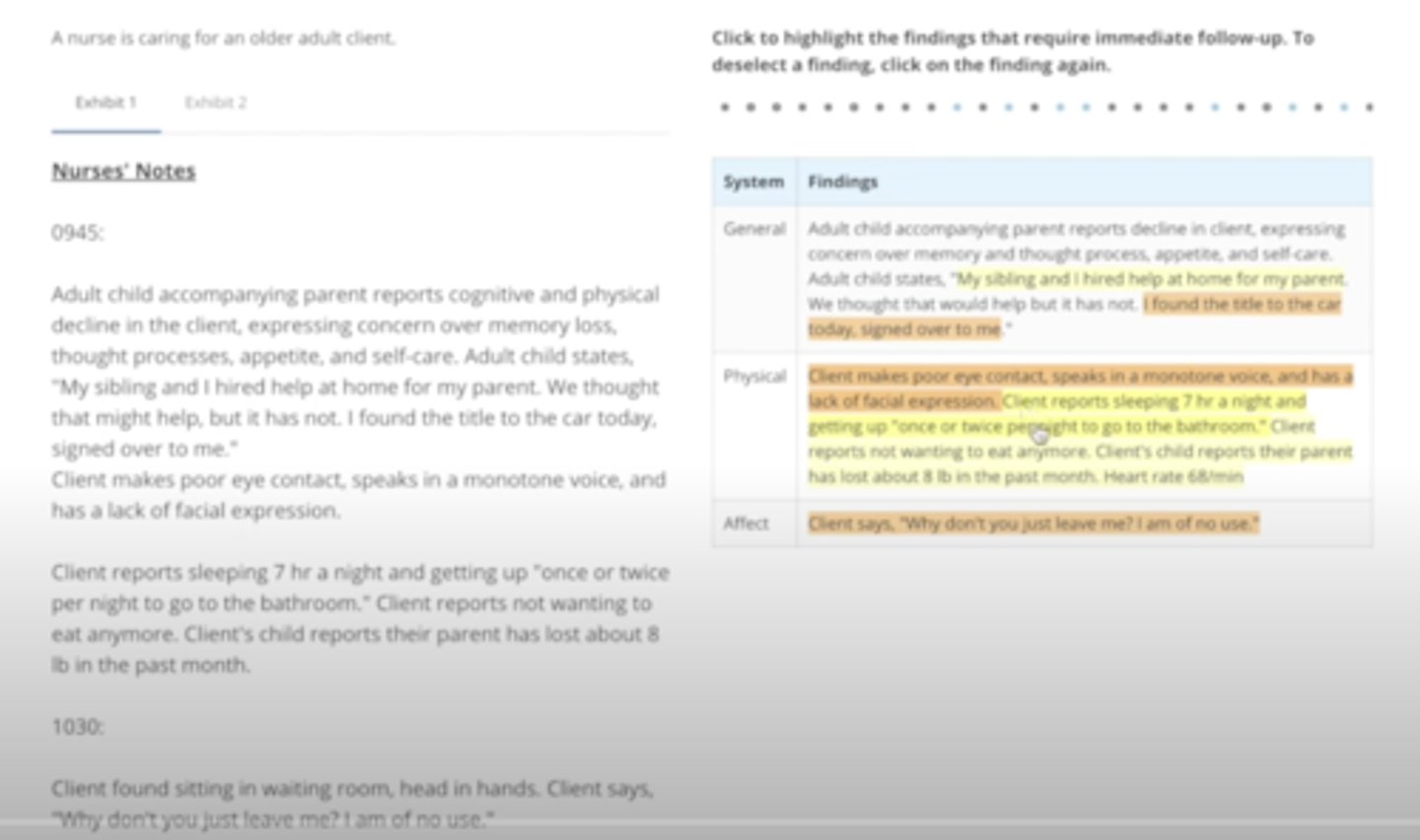 <p>General: I found the title to the car today; signed over to me</p><p>Physical: Client makes poor eye contact, speaks in a monotone voice, and has lack of facial expression. Client reports not wanting to eat anymore. Client's child reports their parent has lost about 8lb in the past month.</p><p>Affect: Client says, "Why don't you just leave me? I am of no use."</p>