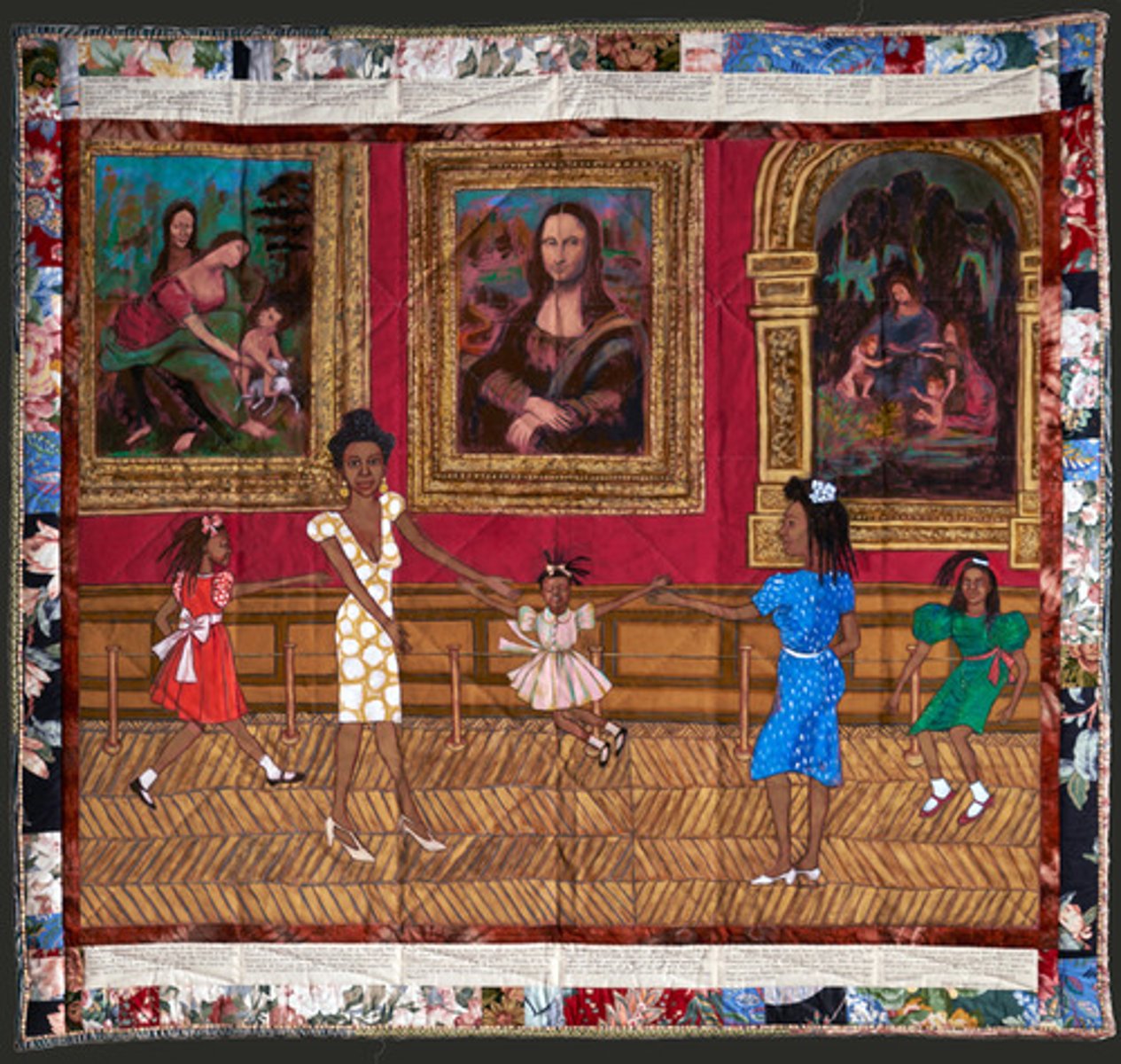 <p>Faith Ringgold</p><p>USA</p><p>Acrylic on canvas, tie-dyed, fabric pieced border</p><p>tells a story/aspirational/inspirational</p>