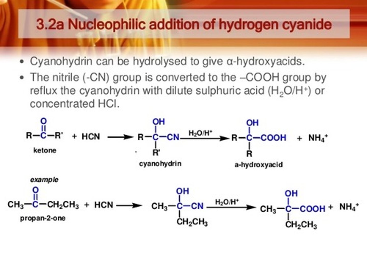 <p>Ketone gets hydrolyzed to carboxylic acid and then to alpha-hydroxy acid</p>