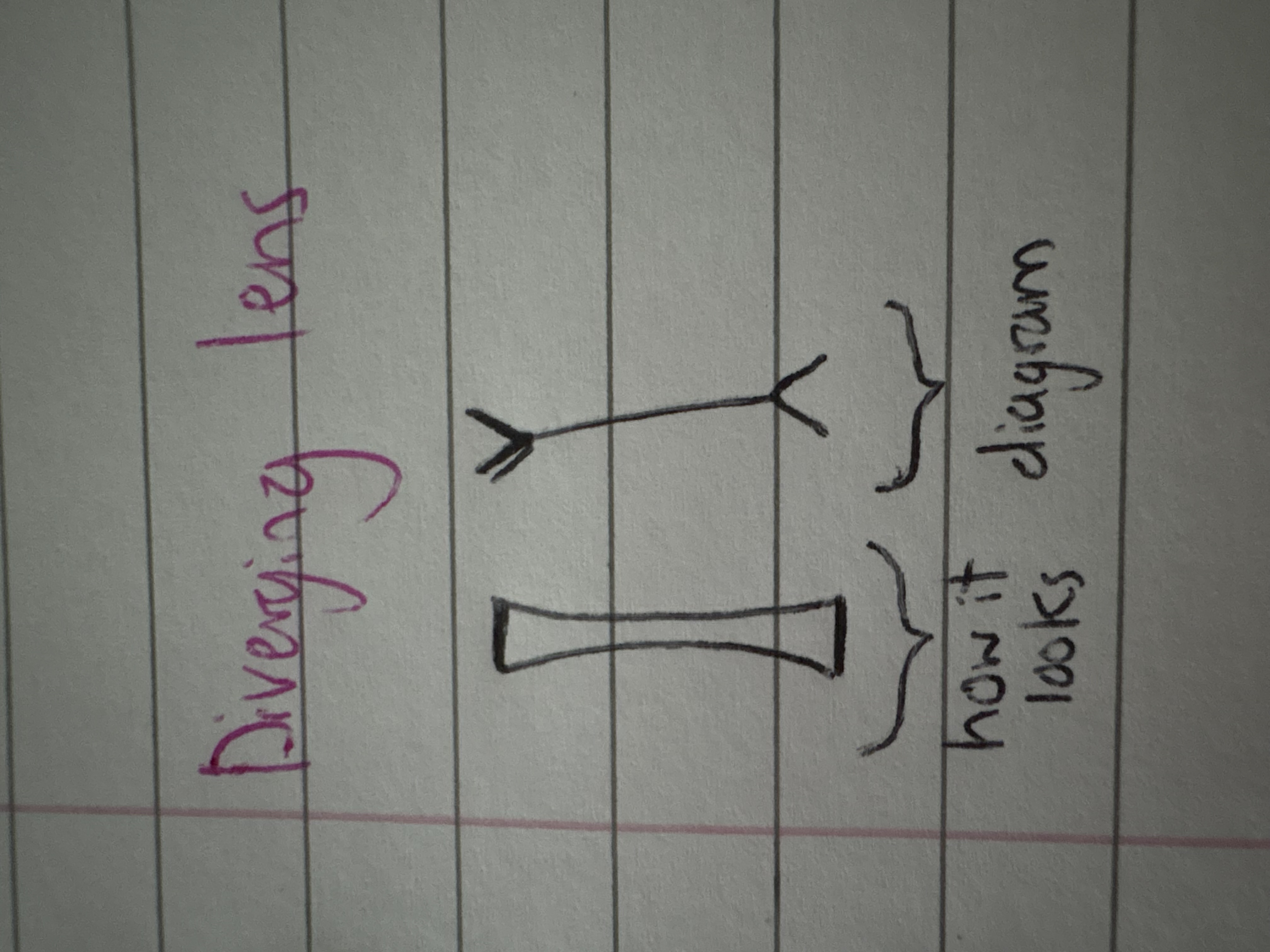 <p>diverging lense- caves inwards, cause parallel rays of light to spread out (diverge)</p>