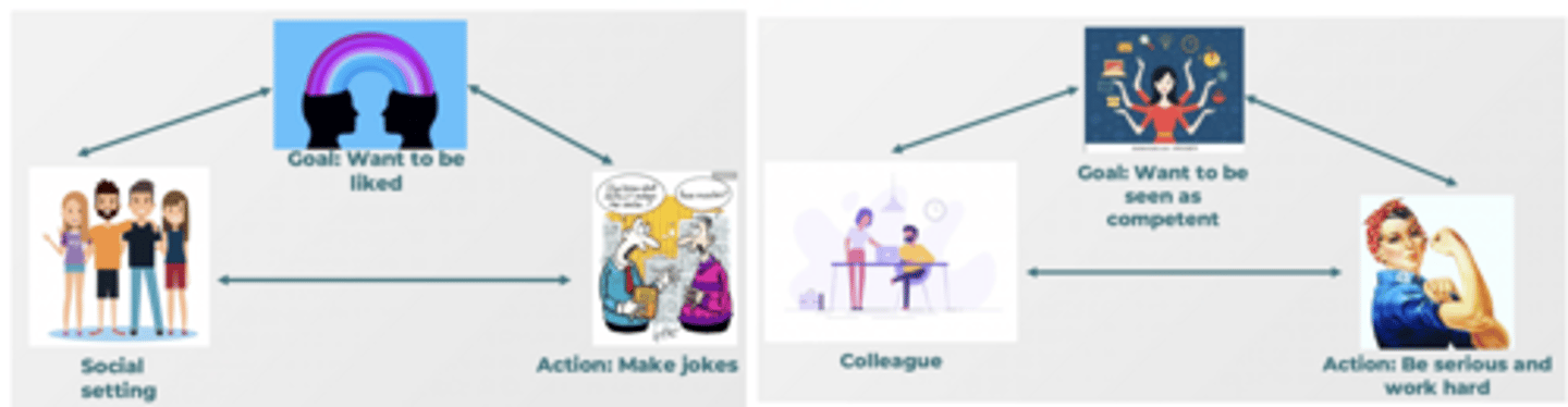 <p>- Goals pursued in social relationships and settings.</p><p>- Examples: </p><p>+ Goal: Want to be liked --> Action: Make jokes</p><p>+ Goal: Want to be seen as competent --> Action: Be serious and work hard</p>