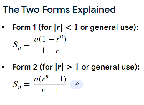 <p>S of n = t sub 1 (1 - r exponent n) / 1 -r</p><p>OR</p><p>S of n = t sub 1 - t sub n x r / 1 - r</p>