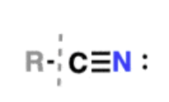 <ul><li><p>carboxylic acid derivatives —&gt; can be formed by dehydration of amides </p></li><li><p>common solvent is acetonitrile </p></li><li><p>-CN substituent is sometimes referred to as a cyanide; undergoes reactions with alkyl halides</p></li></ul><p></p>