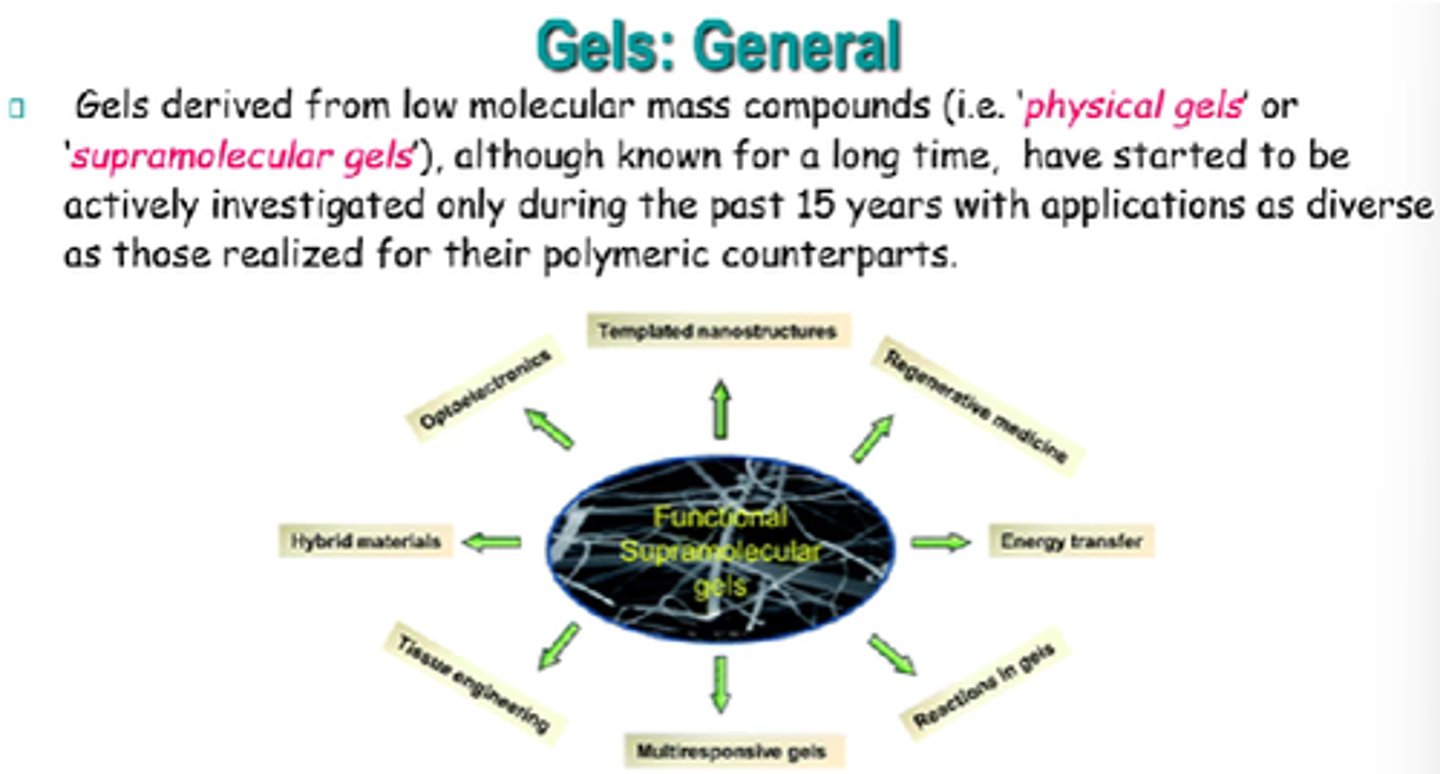 <p>- Large increase in viscosity above gel point.</p><p>- Appearance of rubber-like elasticity.</p><p>- Gel retains shape under low stress but deforms at higher stress.</p><p>- Can respond to environment(pH/light).</p>
