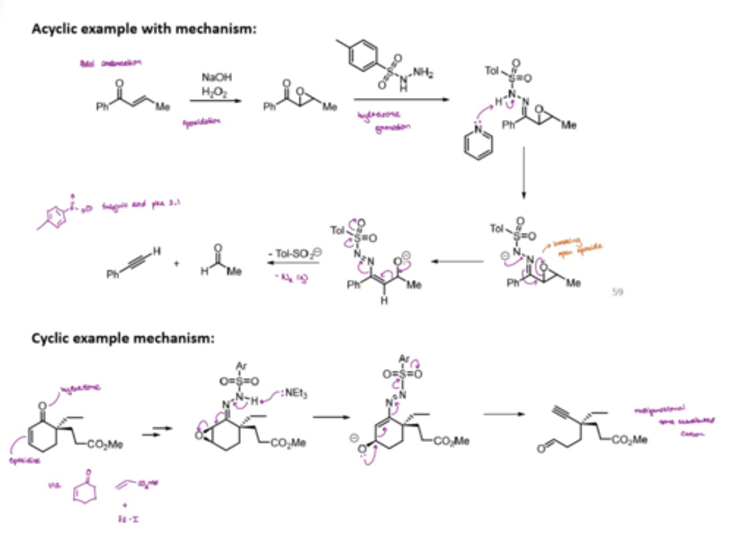 <p>enables the transformation of an alpha,beta-epoxyketone to an alkyne and a carbonyl unit through the action of an aryl sulfonylhydrazines</p><p>involves the formation of an epoxide ring with NaOH and H2O2</p><p>epoxide ring forms a hydrazone</p><p>epoxide ring is broken open</p><p>end products = alkyne + carbonyl unit</p>