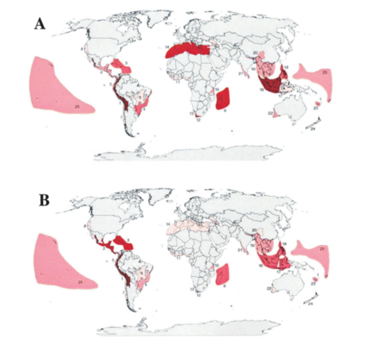<p>regions with:</p><p>Extremely high numbers of endemic species</p><p>High threat of destruction</p><p>Example: Madagascar, Polynesia, California Floristic Province</p>