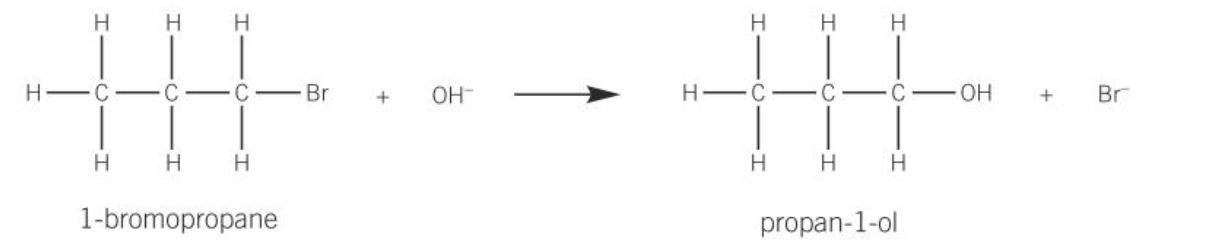 <p>In a substitution reaction, an atom or group of atoms is replaced by a different atom or a group of atoms</p>