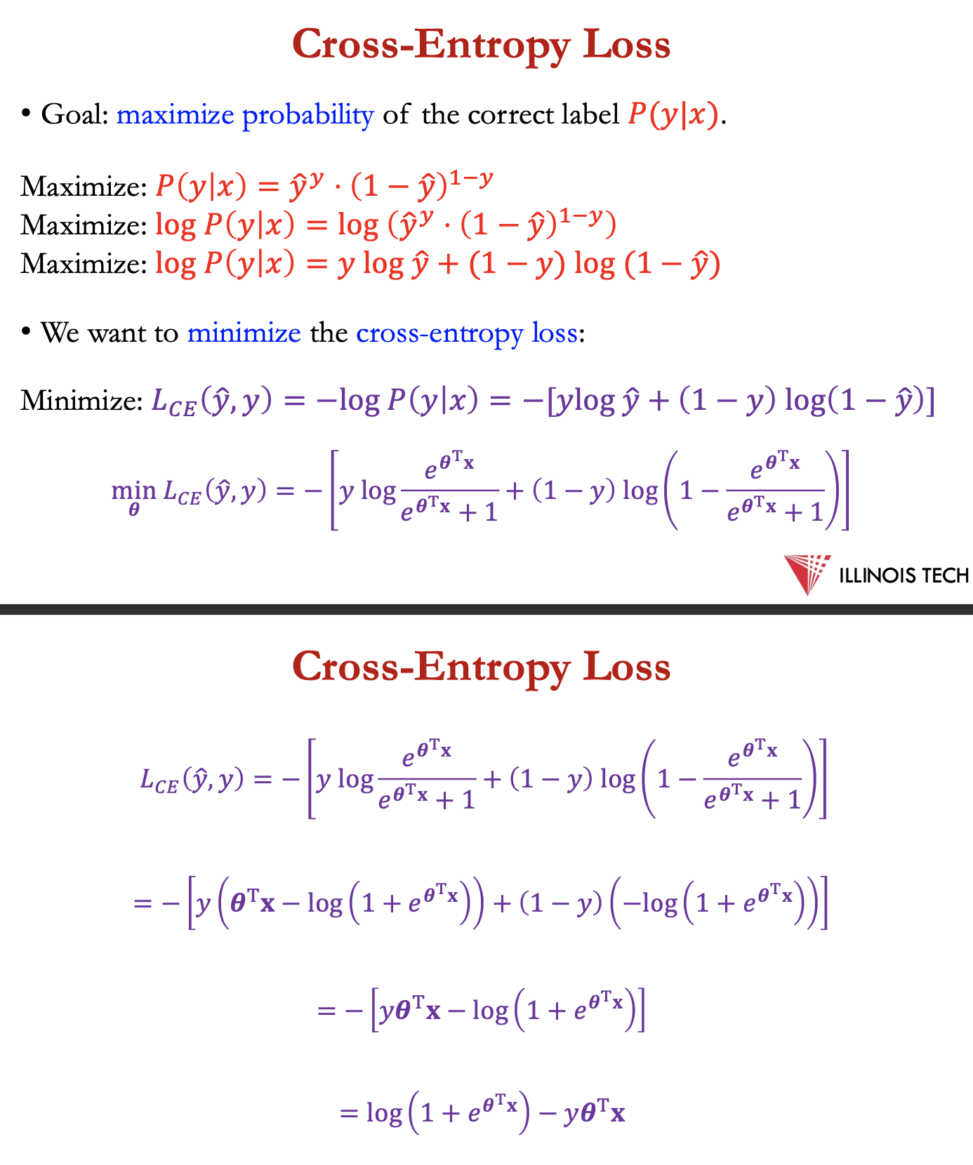 <p>want to know how far is classifier output ŷ from true output y , difference = L(ŷ,y)</p><p></p><p>2 discrete outcomes, can express probability</p><ul><li><p>P(y|x) = ŷ<sup>y</sup>&nbsp;* (1-ŷ)<sup>1-y</sup></p></li></ul><p></p><p>goal: maximise prob of the correct label P(y|x)</p><p><span>Maximize: P</span>(y|x) = ŷ<sup>y</sup>&nbsp;* (1-ŷ)<sup>1-y</sup></p><p><span>Maximize: log</span>P(y|x)<span> =log (</span> ŷ<sup>y</sup>&nbsp;* (1-ŷ)<sup>1-y</sup>)</p><p>Maximize: logP(y|x) = y log ŷ + (1-y)log (1-ŷ)</p><ul><li><p>want to min. cross entropy loss</p></li></ul><p><span>= log ( 1+𝑒<sup>𝜽T𝐱)</sup> −𝑦𝜽<sup>T</sup>𝐱</span></p><p></p>