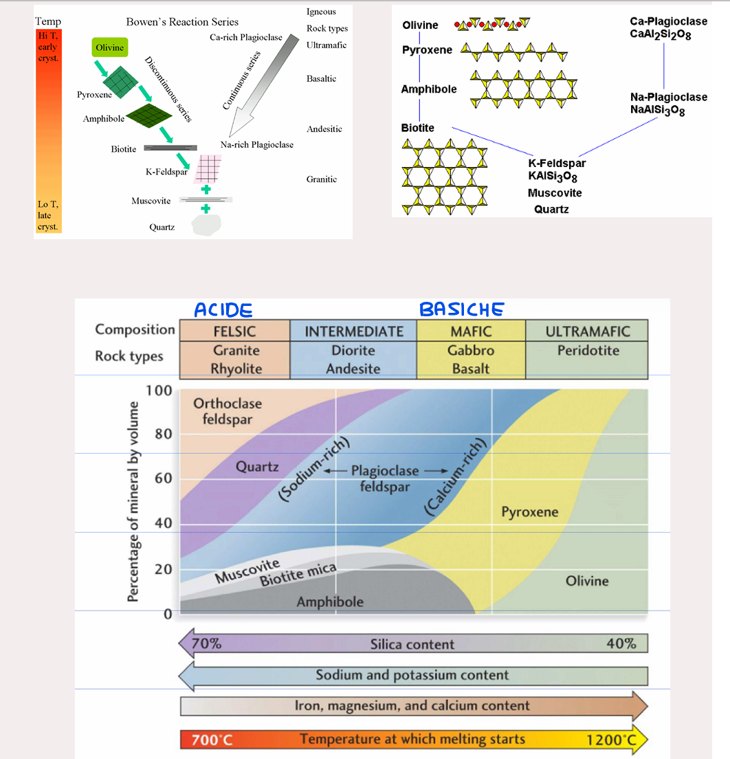 <p>Descrive il <strong>processo di cristallizzazione dei minerali magmatici</strong><br>Per primi cristallizzano i minerali che hanno la temperatura di fusione maggiore</p><p>Bowen scoprì infatti che esistevano due tipi di sequenze comdi cristallizzazione diverse:</p><p><strong>· Serie discontinua</strong></p><p><strong>· Serie continua</strong></p><p>La serie <strong>discontinua </strong>riguarda la formazione dei silicati, i quali reagiscono progressivamente con il fuso, durante il suo raffreddamento, formando minerali a partire da quelli con strutture più semplici come i nesosilicati fino a quelle più complesse come i tettosilicati<br>A questo proposito l'olivina è il primo minerale a cristallizzare (poiché ha un'elevata temperatura di fusione), seguita dalla specie dei pirosseni, poi anfiboli e biotite</p><p>Nella serie <strong>continua </strong>i plagioclasi che hanno formula generale (Na,Ca)(Si,Al)₄O₈ iniziano a cristallizzare parallelamente all'olivina ma in modo diverso: per primo cristallizza quello che contiene il calcio e progressivamente si arricchisce di sodio<br>Continua perché <strong>la sua composizione chimica cambia in modo graduale e progressivo</strong> al diminuire della temperatura, <strong>senza salti bruschi tra fasi diverse</strong></p><p>A basse temperature convergono nella formazione dei minerali felsici finali, quali <strong>K-feldspato, muscovite e quarzo</strong></p>