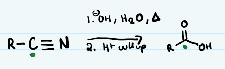 
1. -OH, H2O, heat 2. H+ wkup