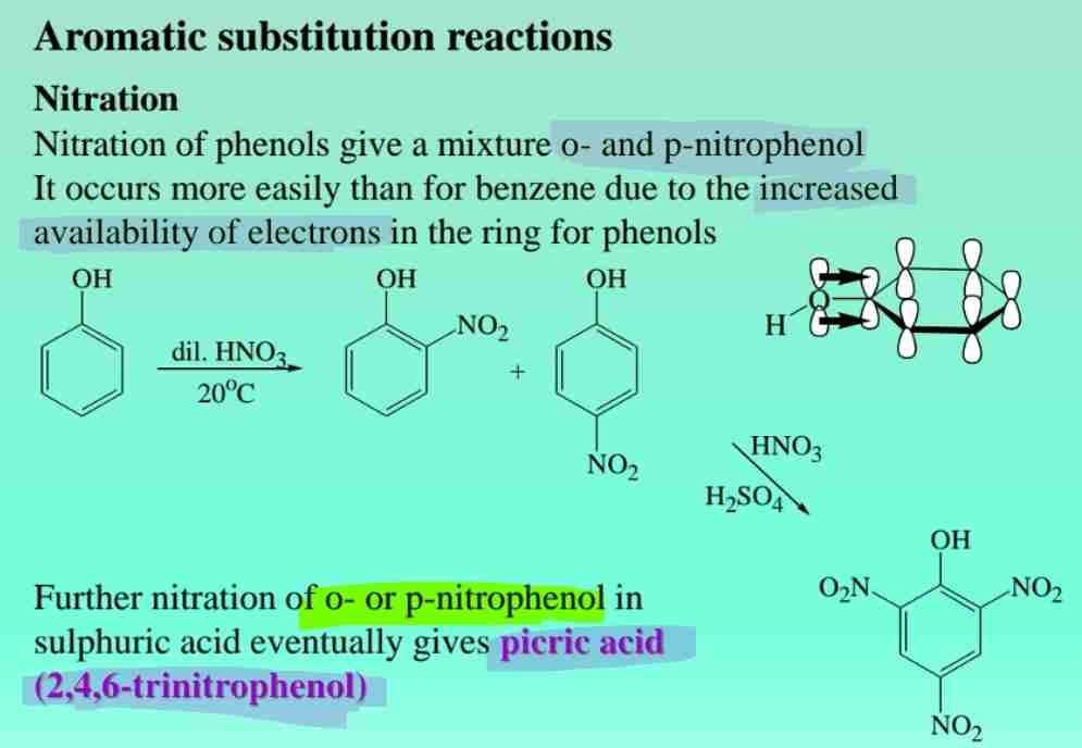 <p><span>Produces ortho- and para-nitrophenols, enhanced by electron-rich aromatic rings.</span></p>