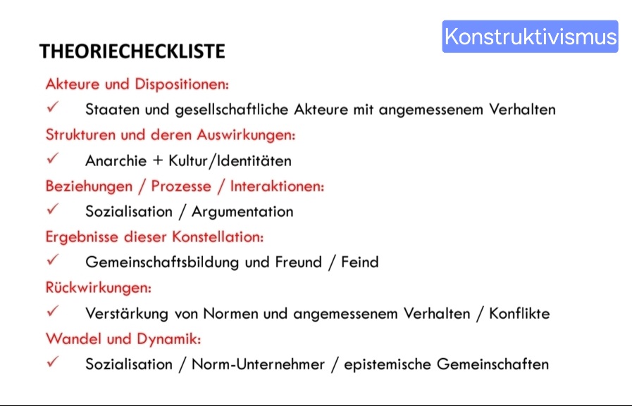 <p>--&gt; Akteure: Staaten und Individuen<br>--&gt; handeln Wertemaximierend <br>--&gt; nicht den Konstruktivismus, sondern viele Theorieansätzen</p><p>—&gt; <span>Akteure handeln auf der Basis von Strukturen</span><br><span>- Reproduktion und Veränderung möglich</span></p><ul><li><p>verinnerlichte „Kultur“ steuert unser Verhalten--&gt; Subjektivität<br></p></li><li><p>entscheiden darüber, was als angemessen wahrgenommen wird</p></li></ul>