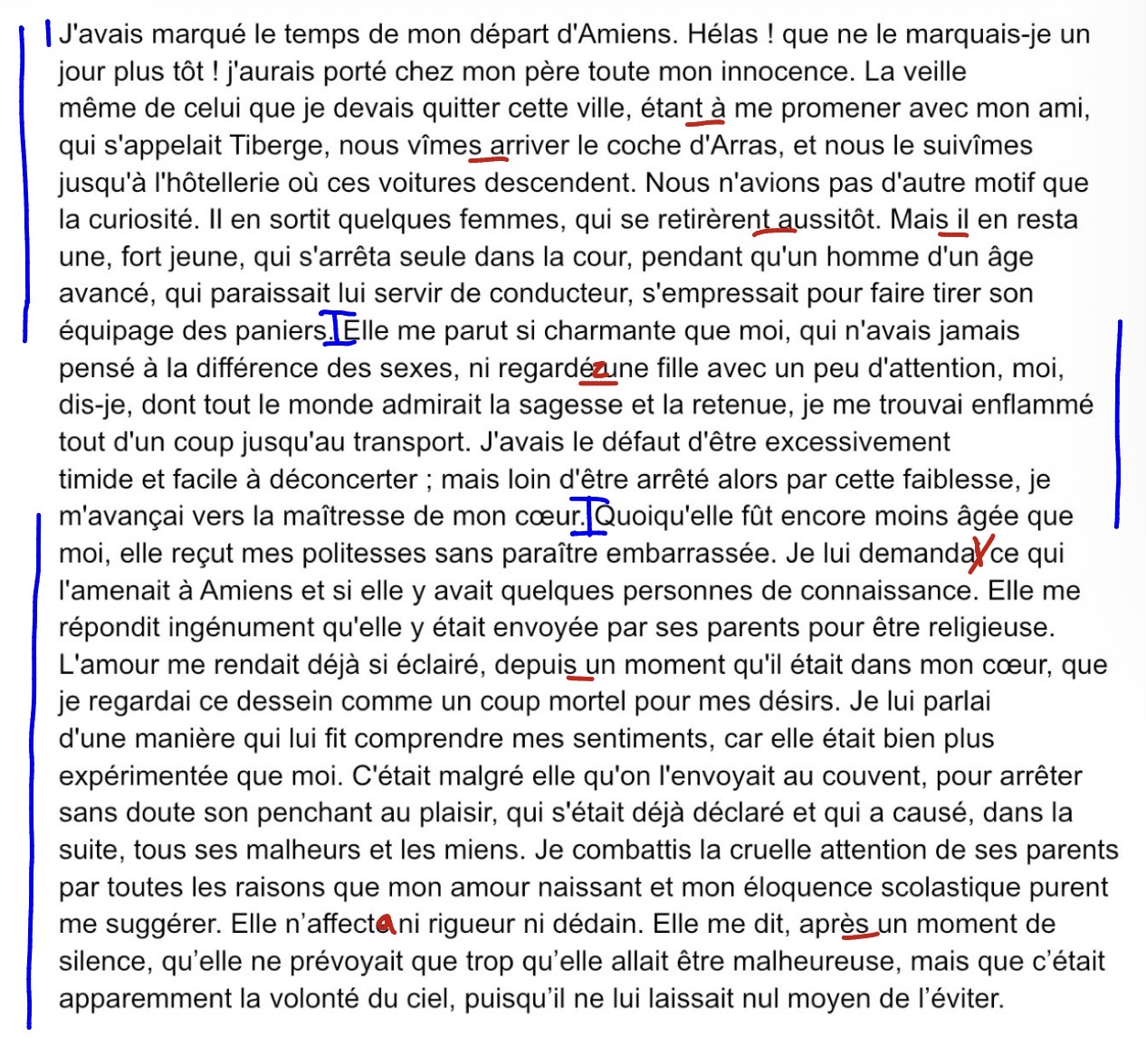 <p>Des Grieux est loin d’être l'exception; lorsqu’il rencontre Manon<span>, ce coup de foudre va non seulement lui faire découvrir l’amour et sa puissance, mais aussi changer définitivement sa vie.</span></p><p><span><em>introduction au roman </em></span></p><p><span>En s'appuyant sur le topos du coup de foudre, Prévost parvient alors à présenter l'ambiguïté de Manon, et même celle de Des Grieux, en un seul passage.</span></p><p></p><p><em>LECTURE</em></p><p><strong>Il s’agit de se demander en quoi ce récit de la rencontre amoureuse révèle des amants ambigus.</strong></p><p><strong>I - Le hasard de la rencontre</strong> (lignes 1 à 7)</p><p><strong>II - Le coup de foudre</strong> (lignes 7 à 12)</p><p><strong>III - Un premier échange ambigu</strong> (lignes 12 à 23)</p>