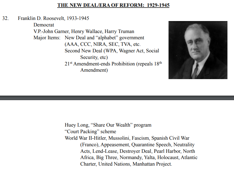 <p>THE NEW DEAL/ERA OF REFORM: 1929-1945</p><ul><li><p>New Deal (1933-1938): Roosevelt's series of programs and reforms aimed at providing relief, recovery, and reform during the Great Depression, including Social Security and the Works Progress Administration (WPA).</p></li></ul>