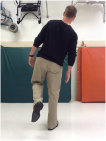 <p><strong>Impairment:</strong> <span style="color: blue">Gluteus medius weakness</span><br><strong>Deviation/Compensation:</strong> <span style="color: red">Compensatory Trendelenburg gait</span> — trunk leans over stance limb to prevent pelvic drop</p>