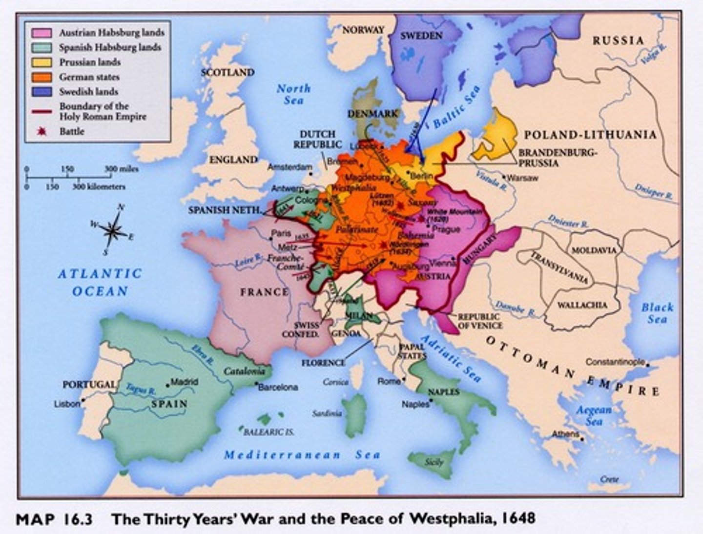 <p>Protestant rebellion against the Holy Roman Empire ends with peace of Westphalia (1618-48) A series of European wars that were partially a Catholic-Protestant religious conflict. It was primarily a batlte between France and their rivals the Hapsburgs, rulers of the Holy Roman Empire.</p>