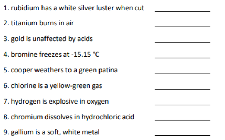 <p>Answer these: (Physical or chemical)</p>