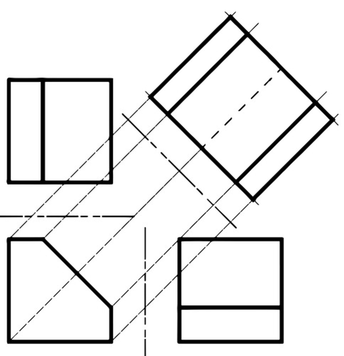 <p>planes through the object which are not common planes, surfaces that dont line up with the 3 major axes. view that is used to show features that are located on an inclined surface in true size and shape. is an orthographic view which is projected onto any plane other than the frontal, horizontal, or profile plane. (aux means to help)</p>