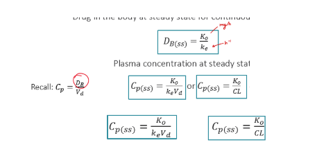 <p>Calculate the steady-state Cp, if a drug (CL= 3L/h, Vd=40 L) is administered as an IV infusion at a rate of 15 mg/h. </p><p>(Equation sheet is attached)</p>