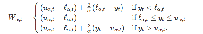 <p>The Winkler score Wα first applies a penalty based on the width of the prediction interval where α is the level of significance considered. This is reflected by (uα − ℓα). Hence, the 1 wider the prediction interval the higher/worse the Wα. If the prediction interval contains the 1 observed value then Wα = (uα − lα). If the observed value is outside the prediction interval an 1 additional penalty is applied proportional to how far the observation is outside the interval. If the observation is below the lower bound the additional penalty</p>