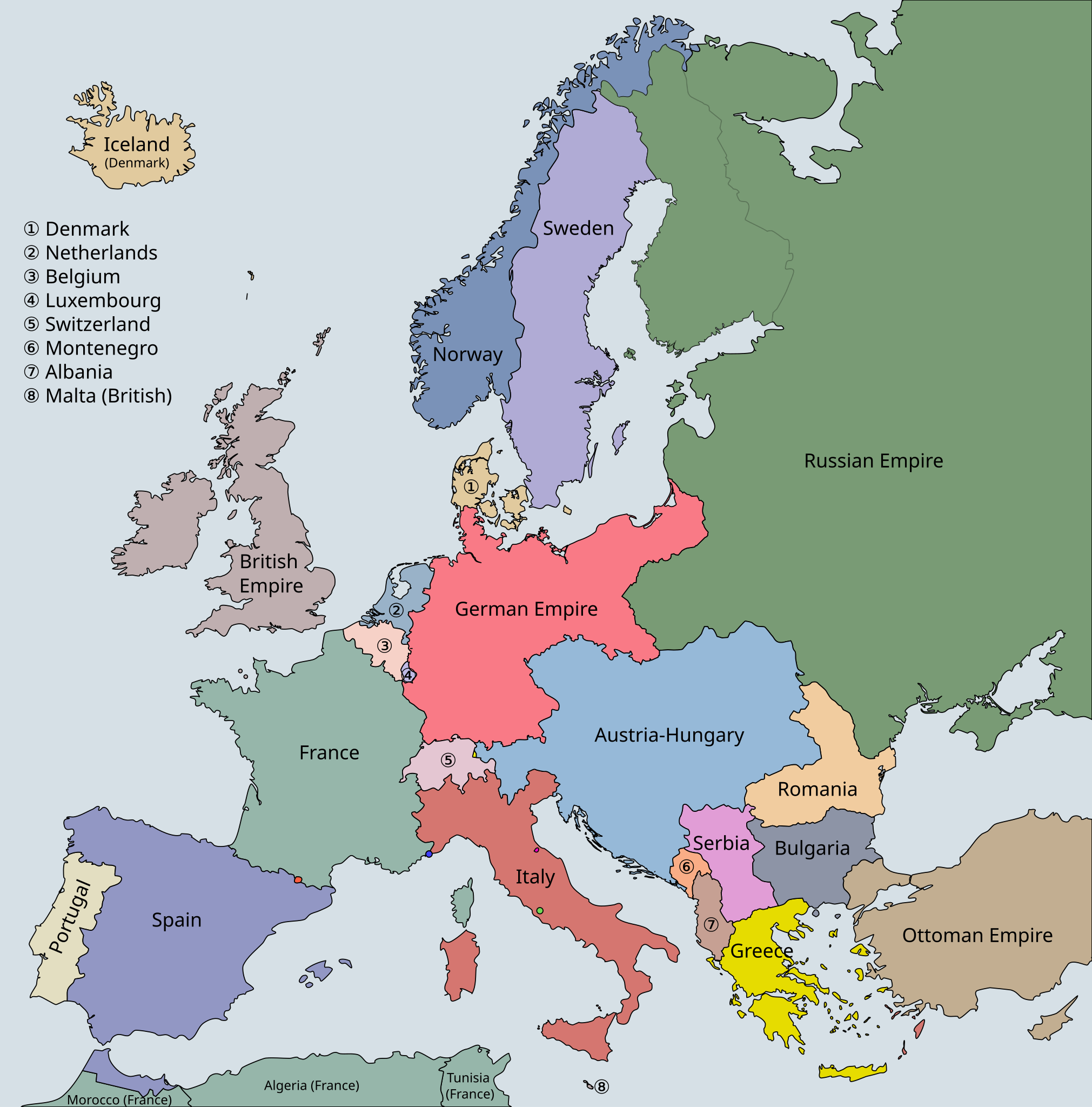 <p>Battle of Tannenberg</p><p>France, Germany, Ottoman Empire, Montenegro, Sweden, Serbia, Great Britain, Switzerland, Austria-Hungary, Italy, Spain, Albania, Norway, Romania, Portugal, Belgium, Bulgaria, Greece, Russia, Denmark, Netherlands </p>