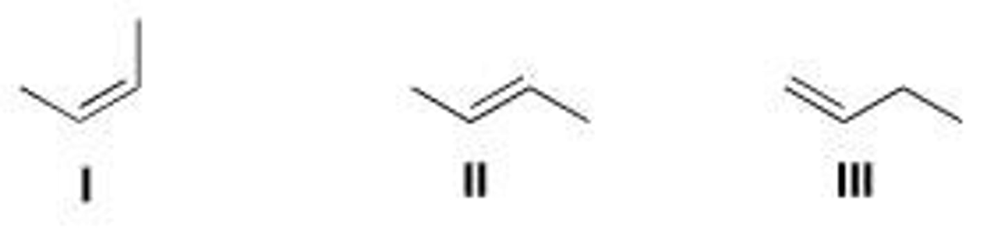 <p>Rank the following alkenes in order of decreasing heat of hydrogenation.</p><p>A. I &gt; II &gt; III</p><p>B. III &gt; I &gt; II</p><p>C. II &gt; I &gt; III</p><p>D. III &gt; II &gt; I</p>