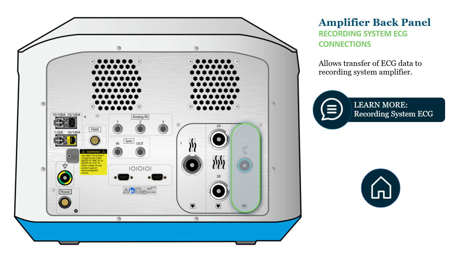 <p>Connect to “moon port” (blue) on Ensite X Amplifier</p><p>ECG data → Ensite X amplifier → recording system</p><p></p>